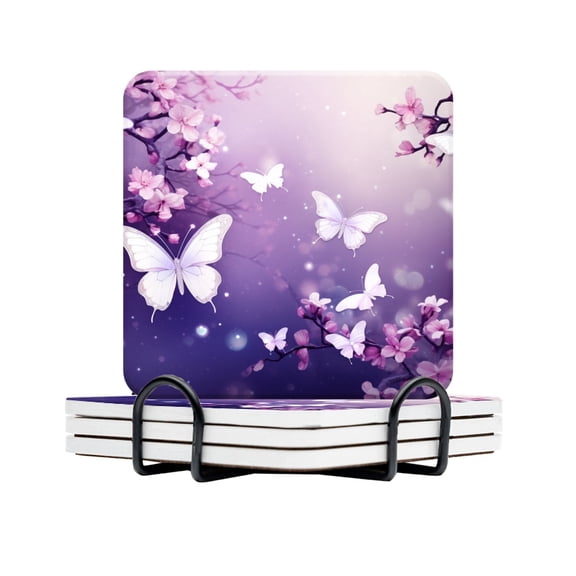 Drink Coasters Set Of 4 With Holder Beautiful Butterflies Flying In The Purple Sky Surrounded By Pink Cherry Blossoms Water Absorbent Ceramic Coasters Tabletop Protection,Suitable For Various Cup