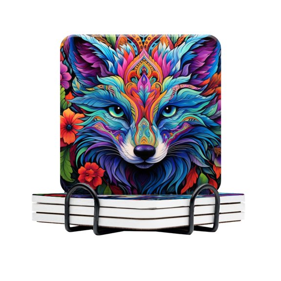 Drink Coasters Set Of 4 With Holder Colorful Fox Head With Vibrant Colors And Surrounded By Flowers And Leaves Water Absorbent Ceramic Coasters Tabletop Protection,Suitable For Various Cup,Home Decor