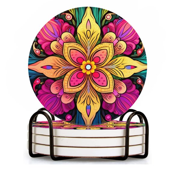 Drink Coasters Set of 4 with Holder Colorful mandala with intricate floral patterns vector illustration Water Absorbent Ceramic Coasters Tabletop Protection,Suitable for Various Cup ,Home Decor