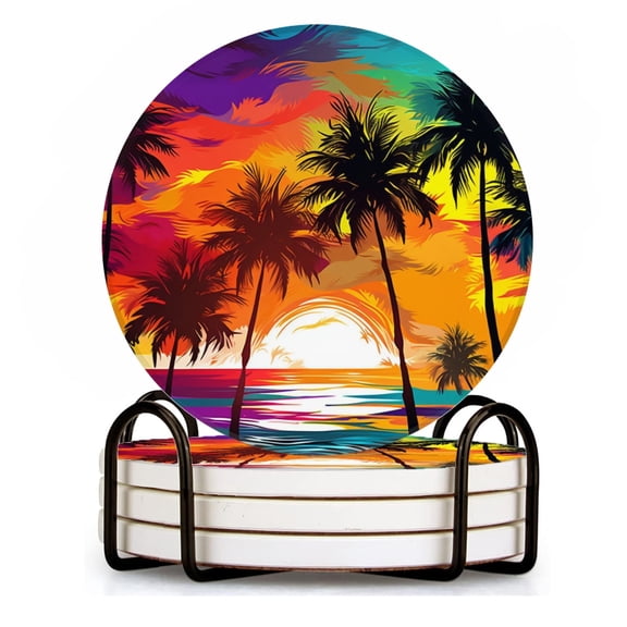 Drink Coasters Set of 4 with Holder Colorful vector illustration of palm tree silhouettes on the beach Water Absorbent Ceramic Coasters Tabletop Protection,Suitable for Various Cup ,Home Decor