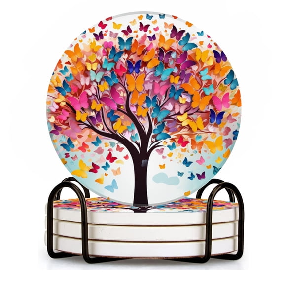 Drink Coasters Set of 4 with Holder Colorful vector illustration of tree with butterflies flying around Water Absorbent Ceramic Coasters Tabletop Protection,Suitable for Various Cup ,Home Decor