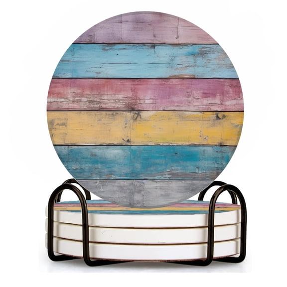 Drink Coasters Set of 4 with Holder Colorful wooden background with horizontal stripes of pastel colors Water Absorbent Ceramic Coasters Tabletop Protection,Suitable for Various Cup ,Home Decor