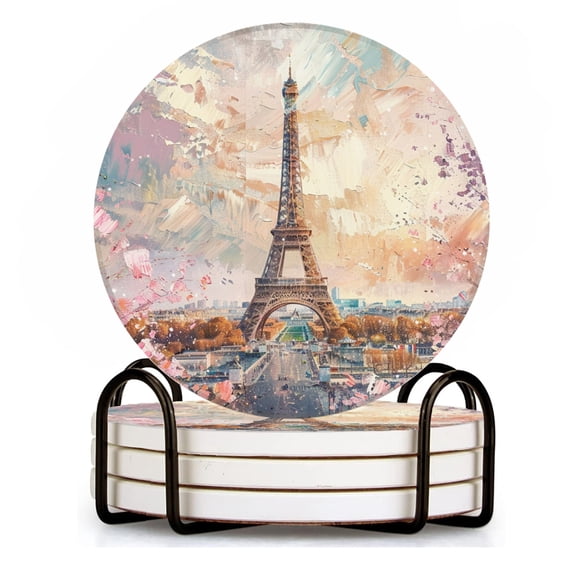 Drink Coasters Set of 4 with Holder The Eiffel Tower in Paris and surrounded by blooming cherry blossoms Water Absorbent Ceramic Coasters Tabletop Protection,Suitable for Various Cup ,Home Decor