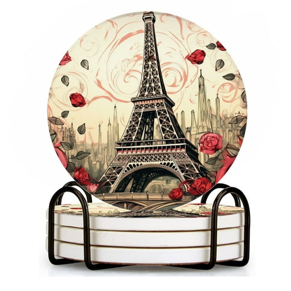 Drink Coasters Set of 4 with Holder Eiffel Tower surrounded by red roses with romantic Paris background Water Absorbent Ceramic Coasters Tabletop Protection,Suitable for Various Cup ,Home Decor
