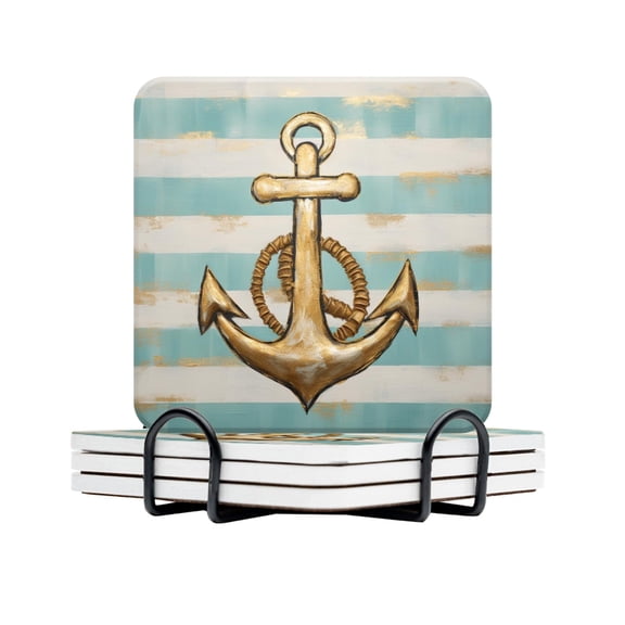 Drink Coasters Set Of 4 With Holder Golden Nautical Anchor On A Background Of Turquoise And White Stripes Water Absorbent Ceramic Coasters Tabletop Protection,Suitable For Various Cup,Home Decor