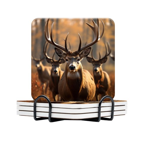 Drink Coasters Set Of 4 With Holder Group Of Majestic Deer With Impressive Antlers Standing In Autumn Forest Water Absorbent Ceramic Coasters Tabletop Protection,Suitable For Various Cup,Home Decor
