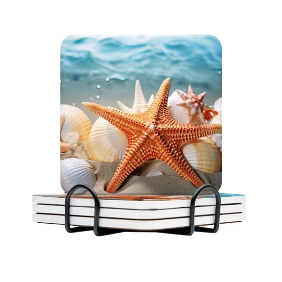 Drink Coasters Set Of 4 With Holder Starfish And Seashells On The Beach With Clear Blue Water In The Background Water Absorbent Ceramic Coaster Tabletop Protection,Suitable For Various Cup,Home Decor
