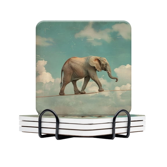 Drink Coasters Set Of 4 With Holder Vintage-Style Depiction Of Elephant Walking On Tightrope In The Sky Water Absorbent Ceramic Coasters Tabletop Protection,Suitable For Various Cup,Home Decor