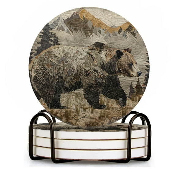 Drink Coasters Set of 4 with Holder bear walking through the wilderness, surrounded by mountains and forests Water Absorbent Ceramic Coasters Tabletop Protection,Suitable for Various Cup ,Home Decor