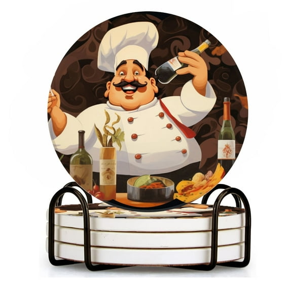 Drink Coasters Set of 4 with Holder fat happy chef with mustache holding wine bottle and fork in front Water Absorbent Ceramic Coasters Tabletop Protection,Suitable for Various Cup ,Home Decor