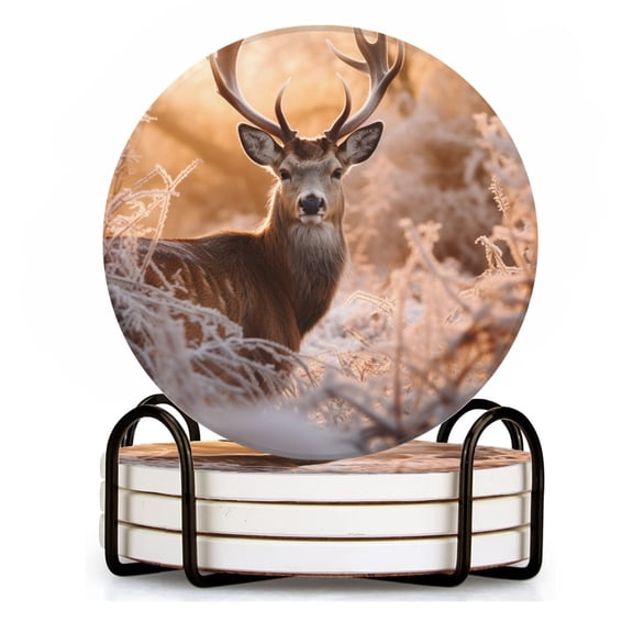 Drink Coasters Set of 4 with Holder majestic deer with impressive antlers stands in the frost-covered grass Water Absorbent Ceramic Coasters Tabletop Protection,Suitable for Various Cup ,Home Decor