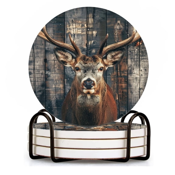 Drink Coasters Set of 4 with Holder photograph of deer with impressive antlers against old wooden wall Water Absorbent Ceramic Coasters Tabletop Protection,Suitable for Various Cup ,Home Decor