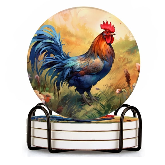 Drink Coasters Set of 4 with Holder vibrant rooster standing tall in the center of idyllic farm scene Water Absorbent Ceramic Coasters Tabletop Protection,Suitable for Various Cup ,Home Decor