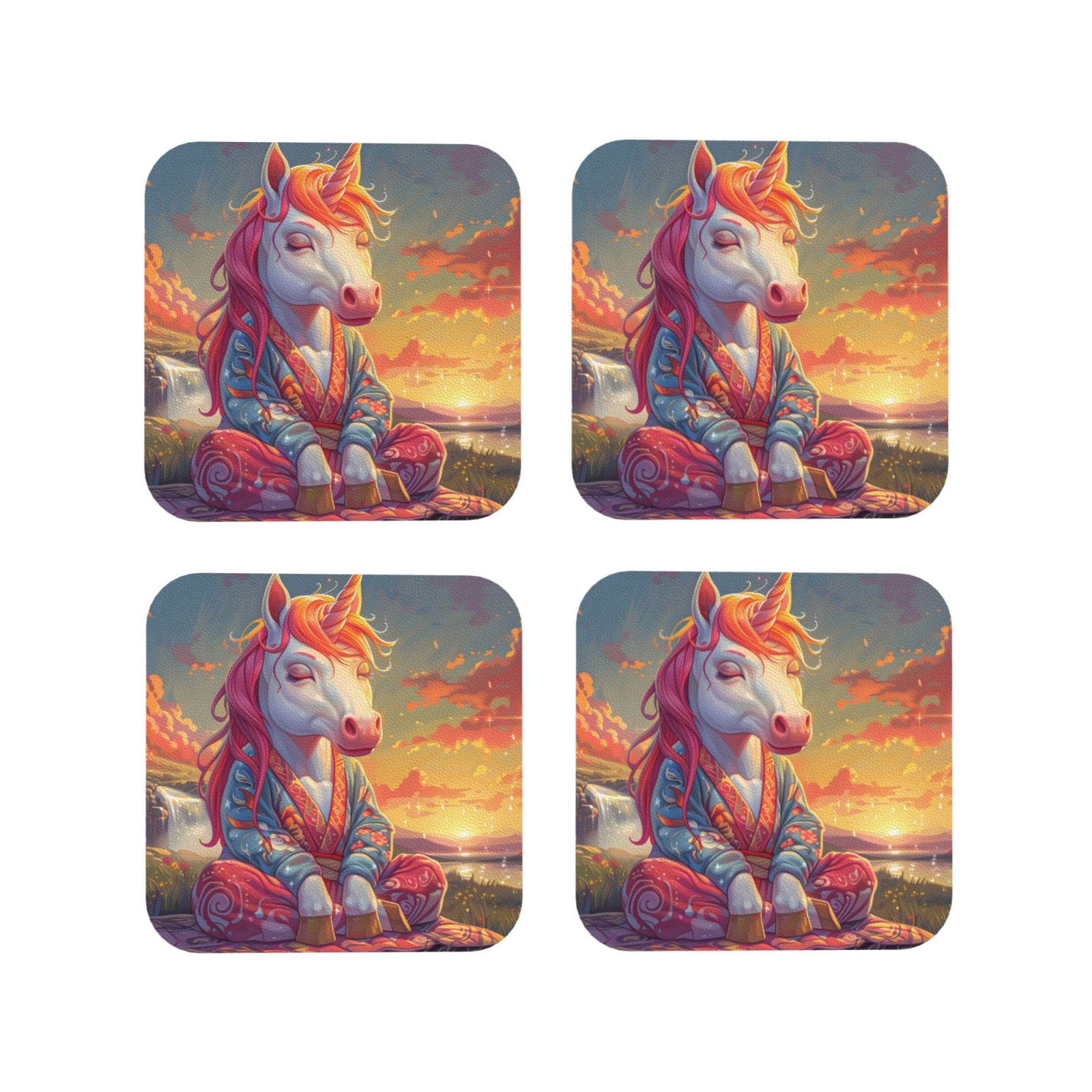 Drink Coasters Set of 4, Meditating Cute Pink Horse Leather Coasters ...