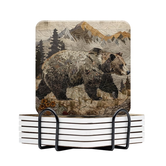 Drink Coasters Set Of 6 With Holder Bear Walking Through The Wilderness, Surrounded By Mountains And Forests Water Absorbent Ceramic Coasters Tabletop Protection,Suitable For Various Cup,Home Decor
