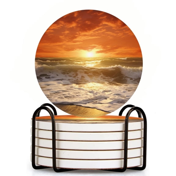 Drink Coasters Set Of 6 With Holder Beautiful Sunset Over The Ocean With Crashing Waves And Golden Sand Water Absorbent Ceramic Coasters Tabletop Protection,Suitable For Various Cup,Home Decor