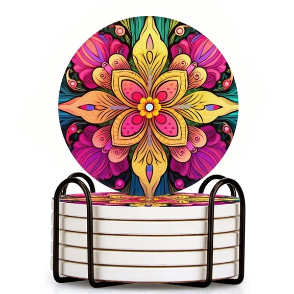 Drink Coasters Set Of 6 With Holder Colorful Mandala With Intricate Floral Patterns Vector Illustration Water Absorbent Ceramic Coasters Tabletop Protection,Suitable For Various Cup,Home Decor