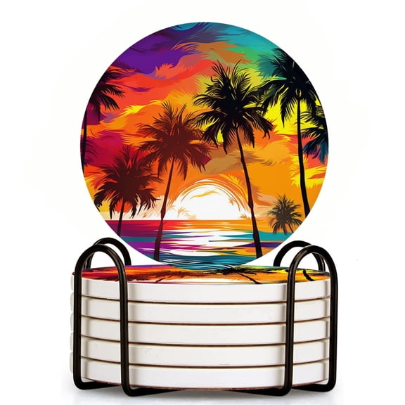 Drink Coasters Set Of 6 With Holder Colorful Vector Illustration Of Palm Tree Silhouettes On The Beach Water Absorbent Ceramic Coasters Tabletop Protection,Suitable For Various Cup,Home Decor