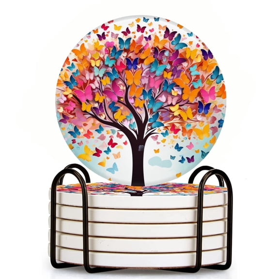 Drink Coasters Set Of 6 With Holder Colorful Vector Illustration Of Tree With Butterflies Flying Around Water Absorbent Ceramic Coasters Tabletop Protection,Suitable For Various Cup,Home Decor