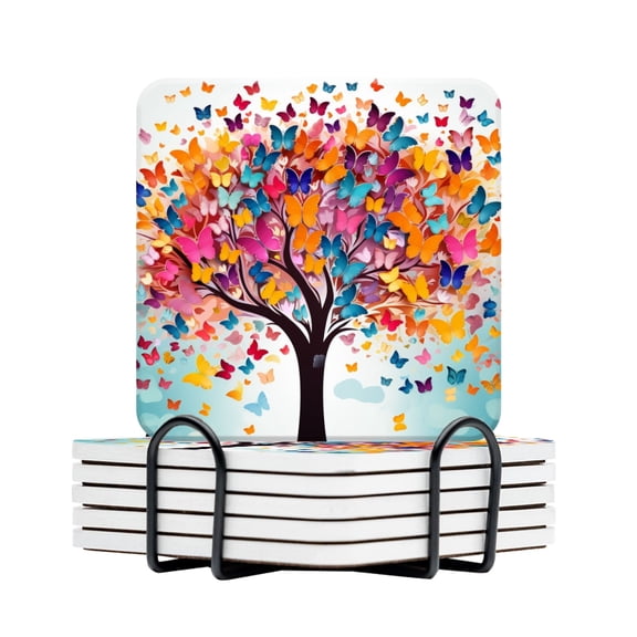 Drink Coasters Set Of 6 With Holder Colorful Vector Illustration Of Tree With Butterflies Flying Around Water Absorbent Ceramic Coasters Tabletop Protection,Suitable For Various Cup,Home Decor