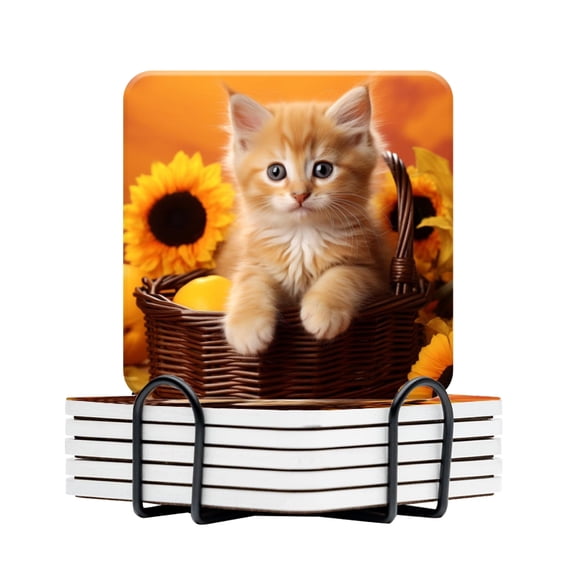 Drink Coasters Set Of 6 With Holder Cute Ginger Kitten Sits In Orange Basket Surrounded By Sunflowers And Lemons Water Absorbent Ceramic Coasters Tabletop Protection,Suitable For Various Cup
