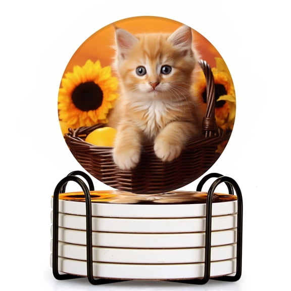 Drink Coasters Set Of 6 With Holder Cute Ginger Kitten Sits In Orange Basket Surrounded By Sunflowers And Lemons Water Absorbent Ceramic Coasters Tabletop Protection,Suitable For Various Cup