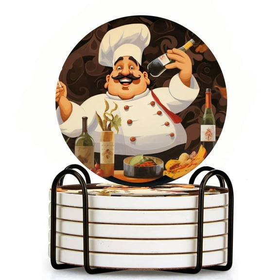 Drink Coasters Set Of 6 With Holder Fat Happy Chef With Mustache Holding Wine Bottle And Fork In Front Water Absorbent Ceramic Coasters Tabletop Protection,Suitable For Various Cup,Home Decor