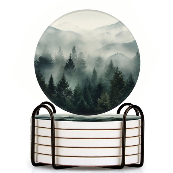 Drink Coasters Set Of 6 With Holder Forest Of Evergreen Trees Against The Backdrop Of Mist-Covered Mountains Water Absorbent Ceramic Coasters Tabletop Protection,Suitable For Various Cup,Home Decor