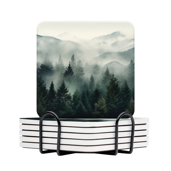 Drink Coasters Set Of 6 With Holder Forest Of Evergreen Trees Against The Backdrop Of Mist-Covered Mountains Water Absorbent Ceramic Coasters Tabletop Protection,Suitable For Various Cup,Home Decor