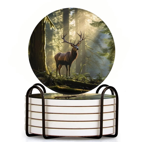 Drink Coasters Set Of 6 With Holder Majestic Deer With Impressive Antlers Stands In The Heart Of Ancient Forest Water Absorbent Ceramic Coasters Tabletop Protection,Suitable For Various Cup
