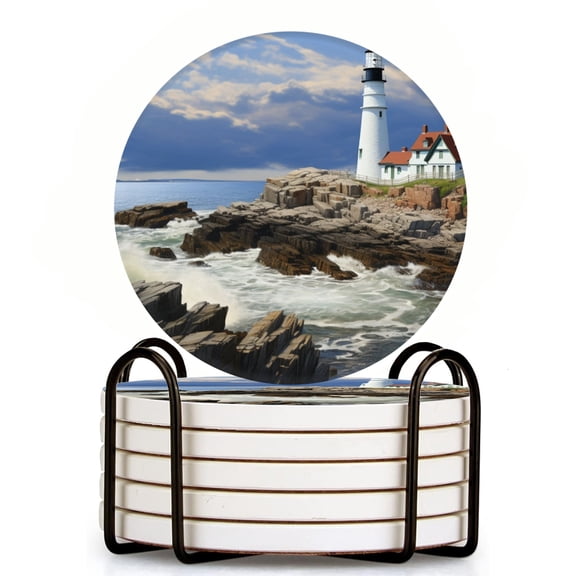 Drink Coasters Set Of 6 With Holder Photorealistic Painting Of The Lighthouse At Portland Head In Maine Water Absorbent Ceramic Coasters Tabletop Protection,Suitable For Various Cup,Home Decor