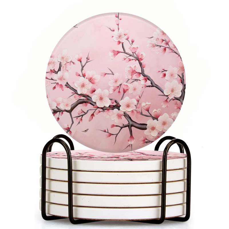 Pink Coaster Set Drink Coasters Set Of 6 With Holder Pink Cherry Blossom Mural Branches ...