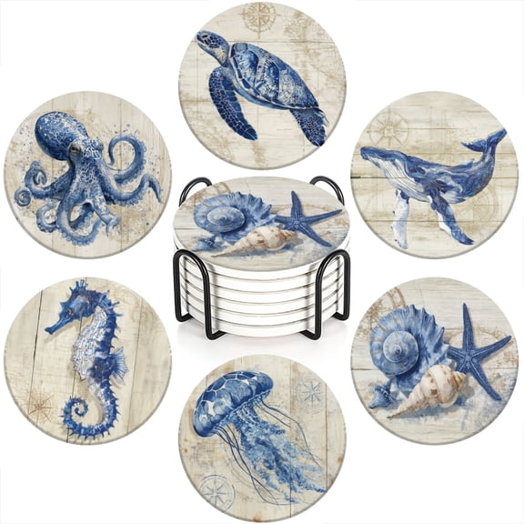 Drink Coasters Set of 6 with Holder Vintage Marine Style Wood Grain Nautical Coasters Cork Base Absorbent Ceramic Coasters,Ocean Themed Gifts,Suitable for Dining Tables & Coffee Tables
