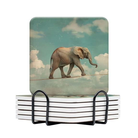Drink Coasters Set Of 6 With Holder Vintage-Style Depiction Of Elephant Walking On Tightrope In The Sky Water Absorbent Ceramic Coasters Tabletop Protection,Suitable For Various Cup,Home Decor
