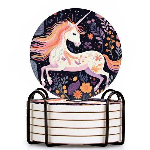 Drink Coasters Set Of 6 With Holder Whimsical Unicorn Frolicking In Enchanted Garden Surrounded By Flowers Water Absorbent Ceramic Coasters Tabletop Protection,Suitable For Various Cup,Home Decor