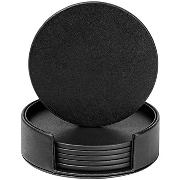 Drink Coasters Set of 6 Leather Coasters Spill Protection for Table Desk,Durable and Non Slip Leather Coaster Perfect for Common Size Glass Coffee Cup & Mug,4 Inches(Round Black Coasters)