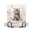 thumbnail image 1 of Drink Coasters Set Of 4 With Holder Cute Little Kitten Surrounded By Butterflies Flying In All Directions Water Absorbent Ceramic Coasters Tabletop Protection,Suitable For Various Cup,Home Decor, 1 of 4