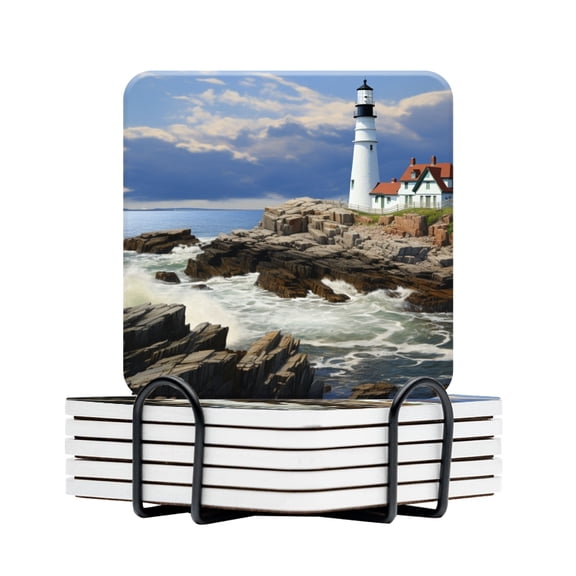 Drink Coasters Set Of 6 With Holder Photorealistic Painting Of The Lighthouse At Portland Head In Maine Water Absorbent Ceramic Coasters Tabletop Protection,Suitable For Various Cup,Home Decor