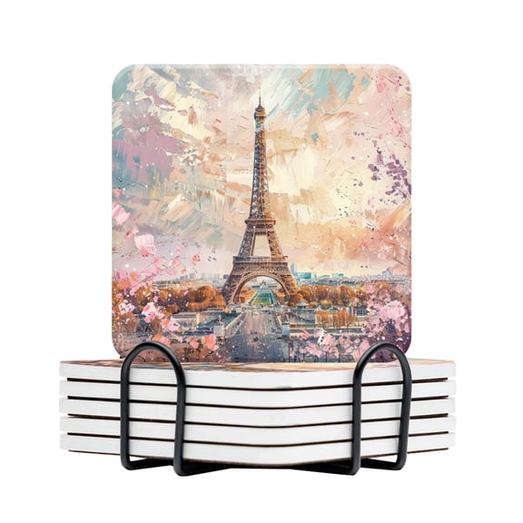 Drink Coasters Set Of 6 With Holder The Eiffel Tower In Paris And Surrounded By Blooming Cherry Blossoms Water Absorbent Ceramic Coasters Tabletop Protection,Suitable For Various Cup,Home Decor