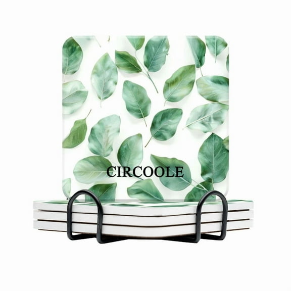 Drink Coasters Set of 4 ,Green leaf Square Water Absorbent Ceramic Coaster Non-Slip(Cork Base) with Holder,Home Decor,4In