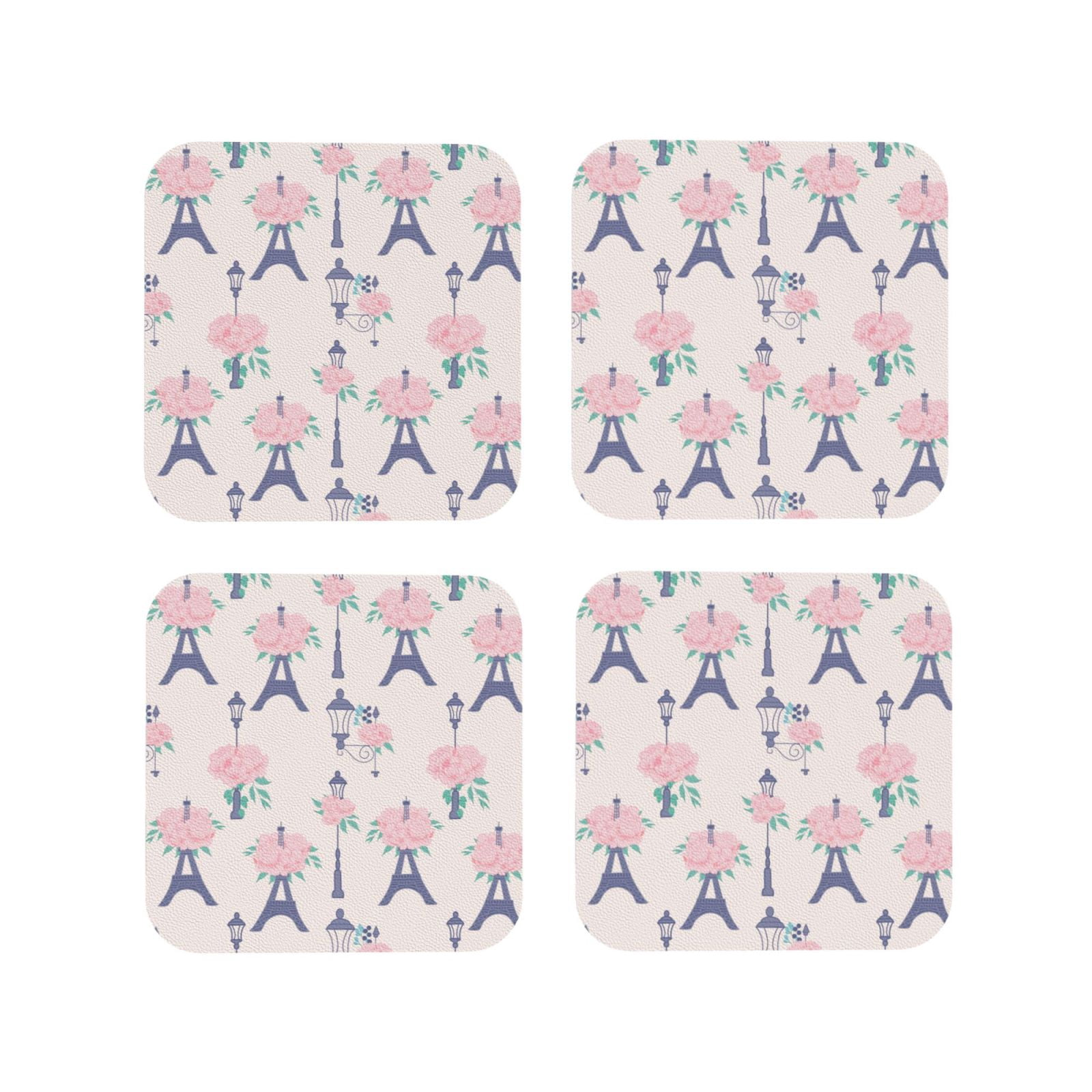 Pink Coaster Set Drink Coasters, flower Tower pink -PVC Leather Coasters Sets of 4 for ...