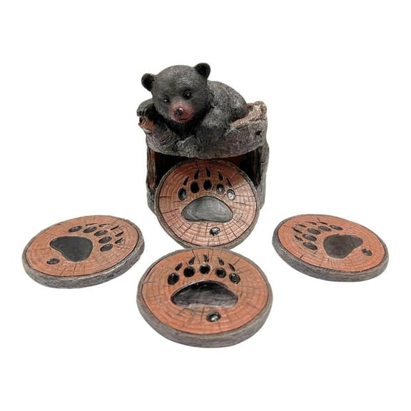 Wildlife-Themed Drink Coasters Set of 4 with Holder - Rustic Bear Coasters for Cabin Decor - Unique Tree Trunk Coasters - Ideal Gift for Nature Lovers and Hunting Home Decor Enthusiasts