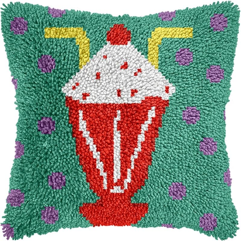 Drink Cup Latch Hook Pillow Kits Pillow Cover with Pattern Printed Canvas Crochet Cross Hooking Pillowcase Cushion Crafts Embroidery Latch Hooking Crochet Kits 17x17 inch(100)