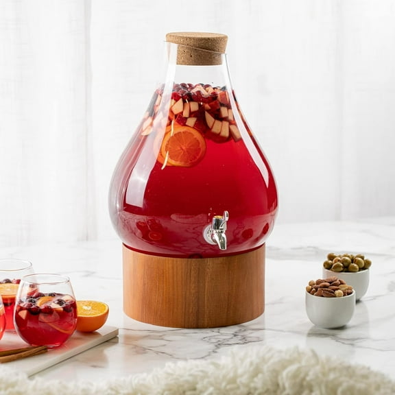 Drink Dispenser 2.75-Gallon Teardrop Glass Beverage Dispenser Wood Base and Cork Lid