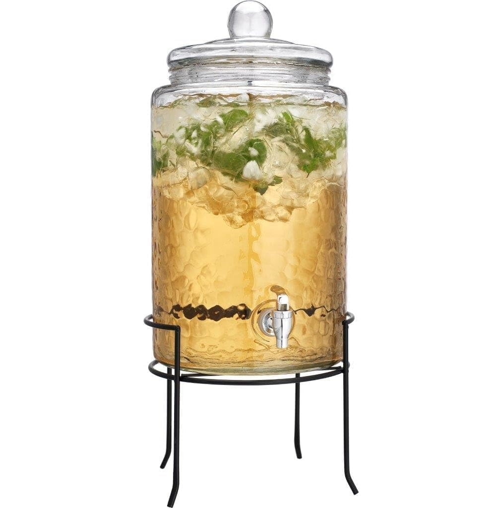 Drink Dispenser 3 Gallon Glass Hammered Beverage Dispenser with Metal Rack