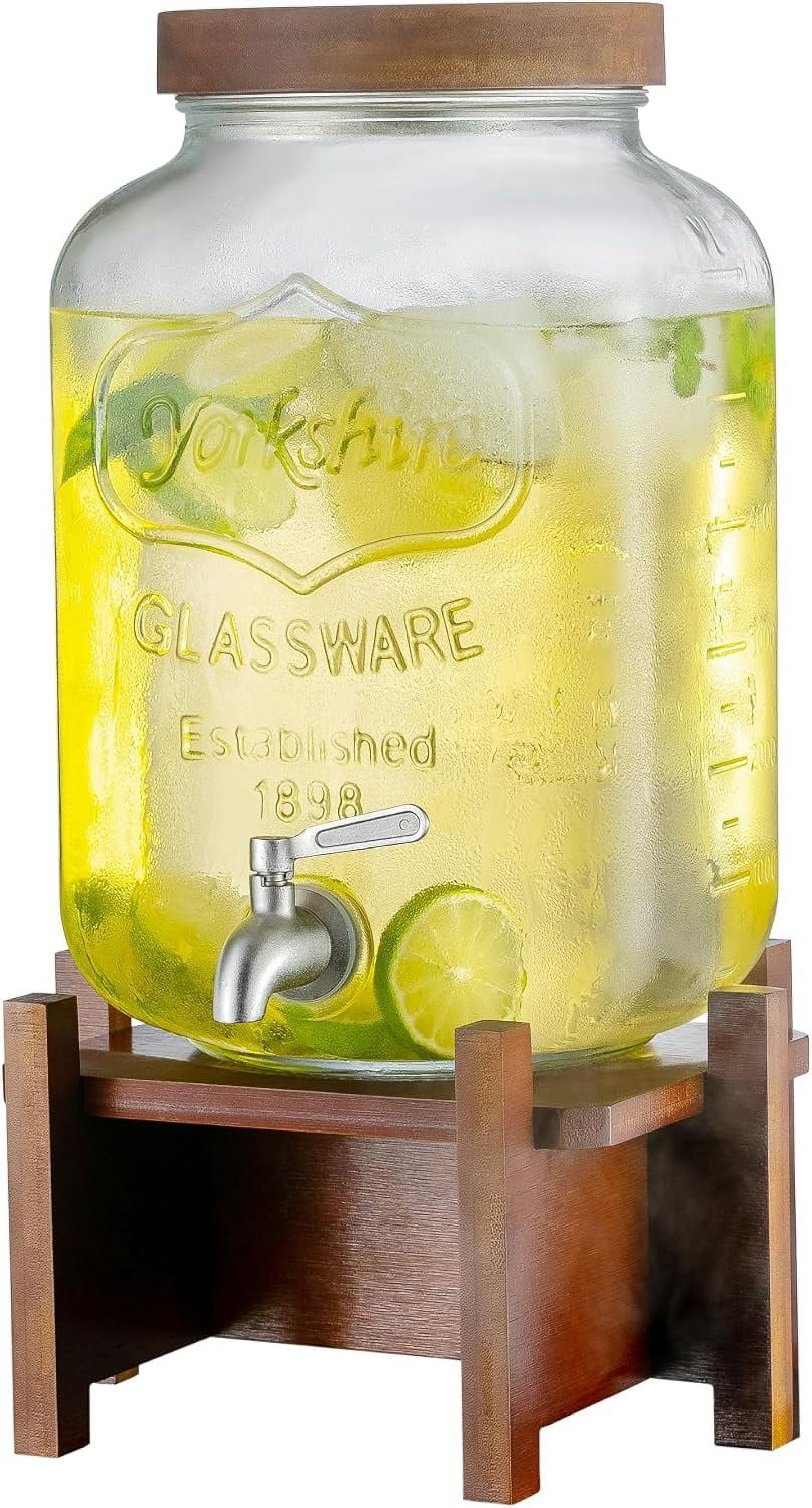 Drink Dispenser with Acacia Wood Stand and Lid,2 Gallon Glass Beverage