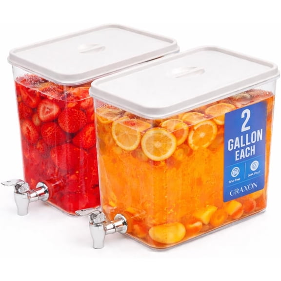 Drink Dispenser for Fridge (2 Pack) 2 Gallon Beverage Cube Dispenser with Spigot, Stackable, Leak-Proof Plastic Juice, Soda, Milk, Drinks, Water Container for Parties, Refrigerator Drink Dispenser