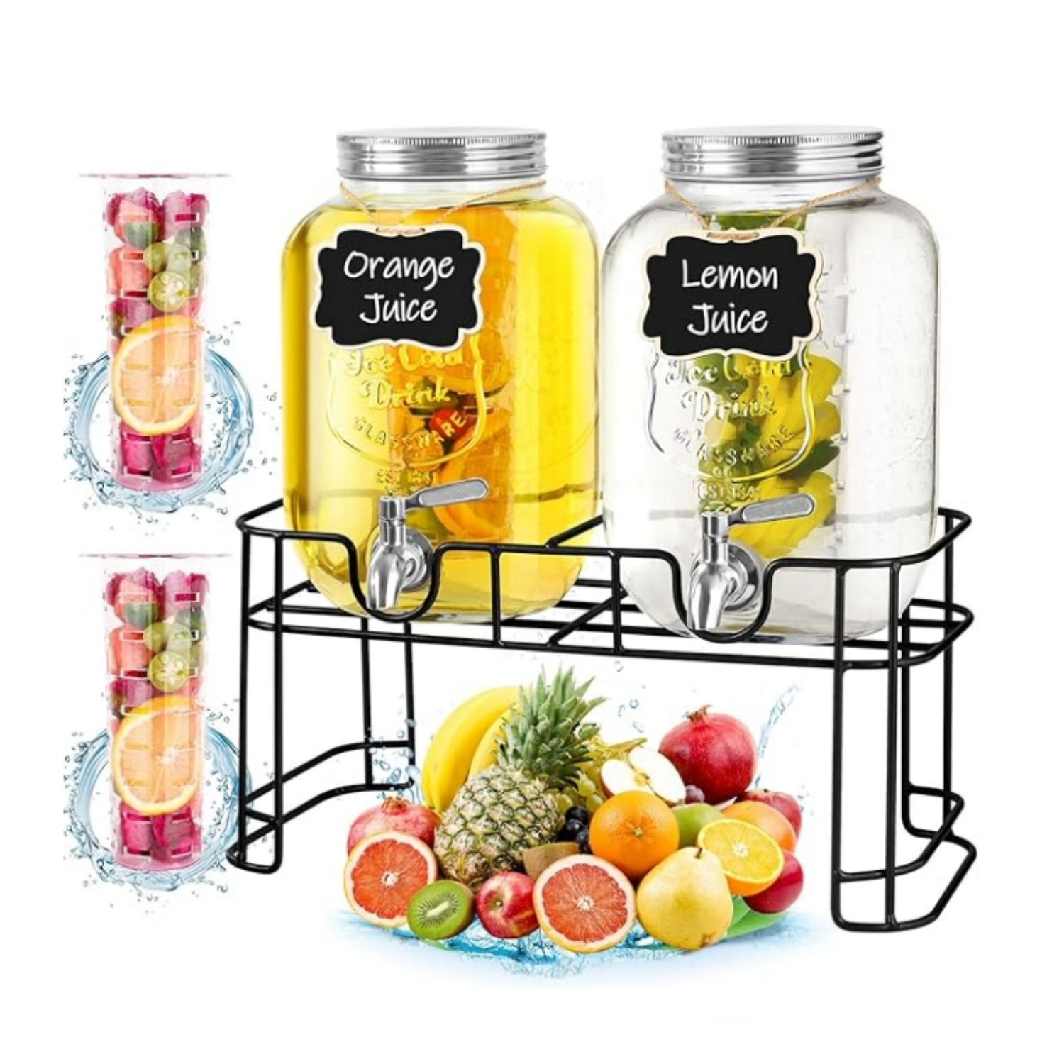 ACDRIME Drink Dispenser & Glass Water Dispenser, 2 Pack 1 Gallon Beverage Dispenser With Stand,with Ice Core,Stainless Steel Spigot And Lid 100