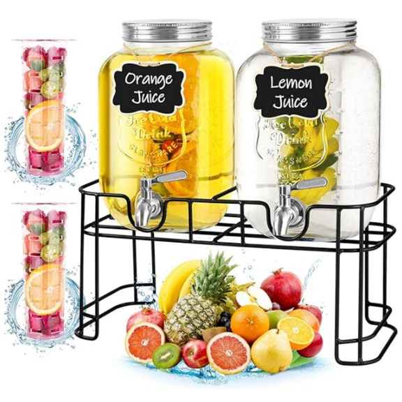 Drink Dispenser & Glass Water Dispenser, 2 Pack 1 Gallon Beverage Dispenser with Stand,with Ice Core,Stainless Steel Spigot and Lid 100% Leakproof.Glass Beverage Dispenser for BBQ,Picnic,Party