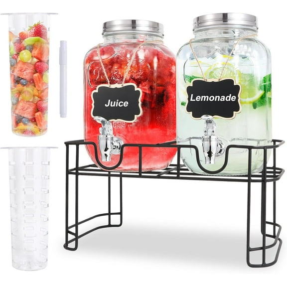 Drink Dispenser With Spigot,1 Gallon Glass Drink Dispensers For Parties,Beverage Dispenser with Fruit Infuser Sun Tea,Lemonade & Juice Dispenser for Parties, BBQ,Picnic,Weddings & Events